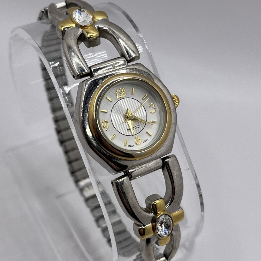 Vintage Avon Women's Two Tone Quartz Watch Stretch Band 24mm Case- New Battery